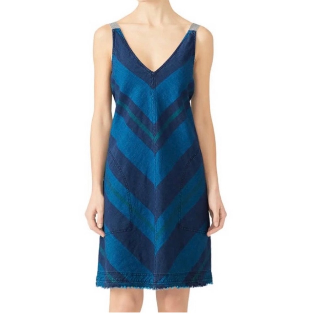 Trina Turk Cayson Slip Mini Dress Blue Striped Cotton Linen V Neck Sleeveless